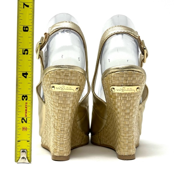 Lilly Pulitzer Kristin Gold Leather Peep Toe Slingback Wedge Heel Sandals Sz 6.5 - Picture 4 of 10